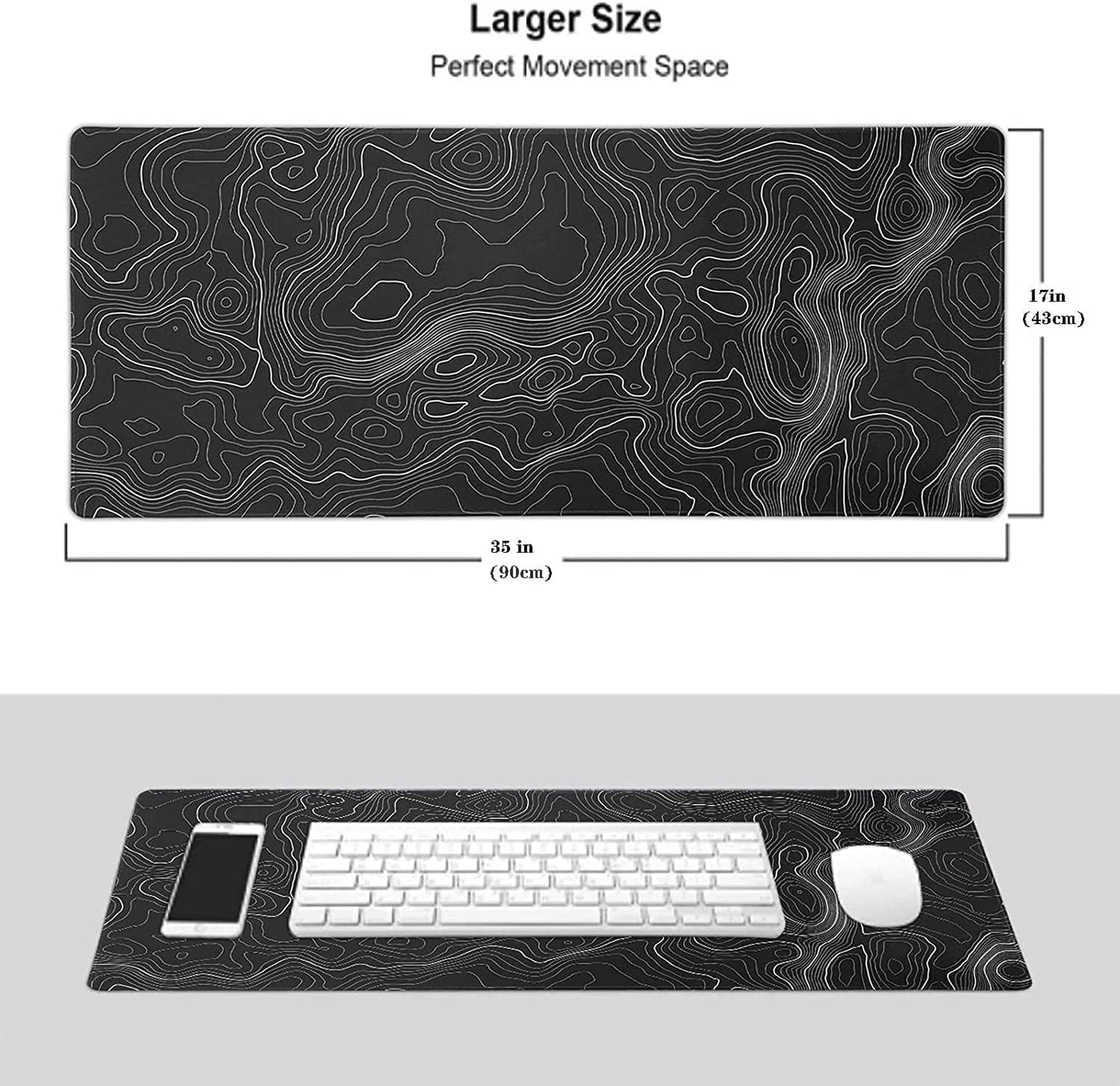 Extended XXXL Gaming Mouse Pad (35" x 17") with Non-Slip Rubber Base - Topographic Map Design for Office and Gaming Use