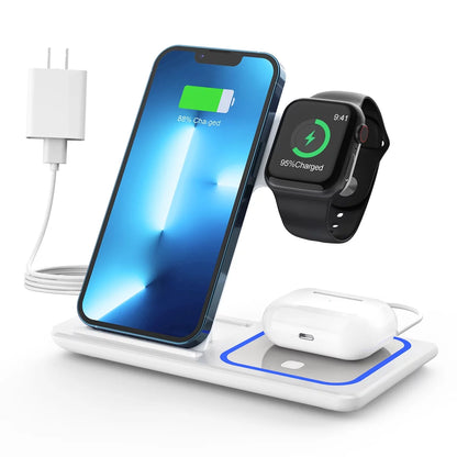 3-in-1 Wireless Charging Station Dock with Breathing Indicator, Fast Charging Stand for iPhone 17/16/15/14/13/12/11 Pro Max/Xs, Apple Watch Series 10/9/8/7/6/5/4, and AirPods 4/3/2/Pro