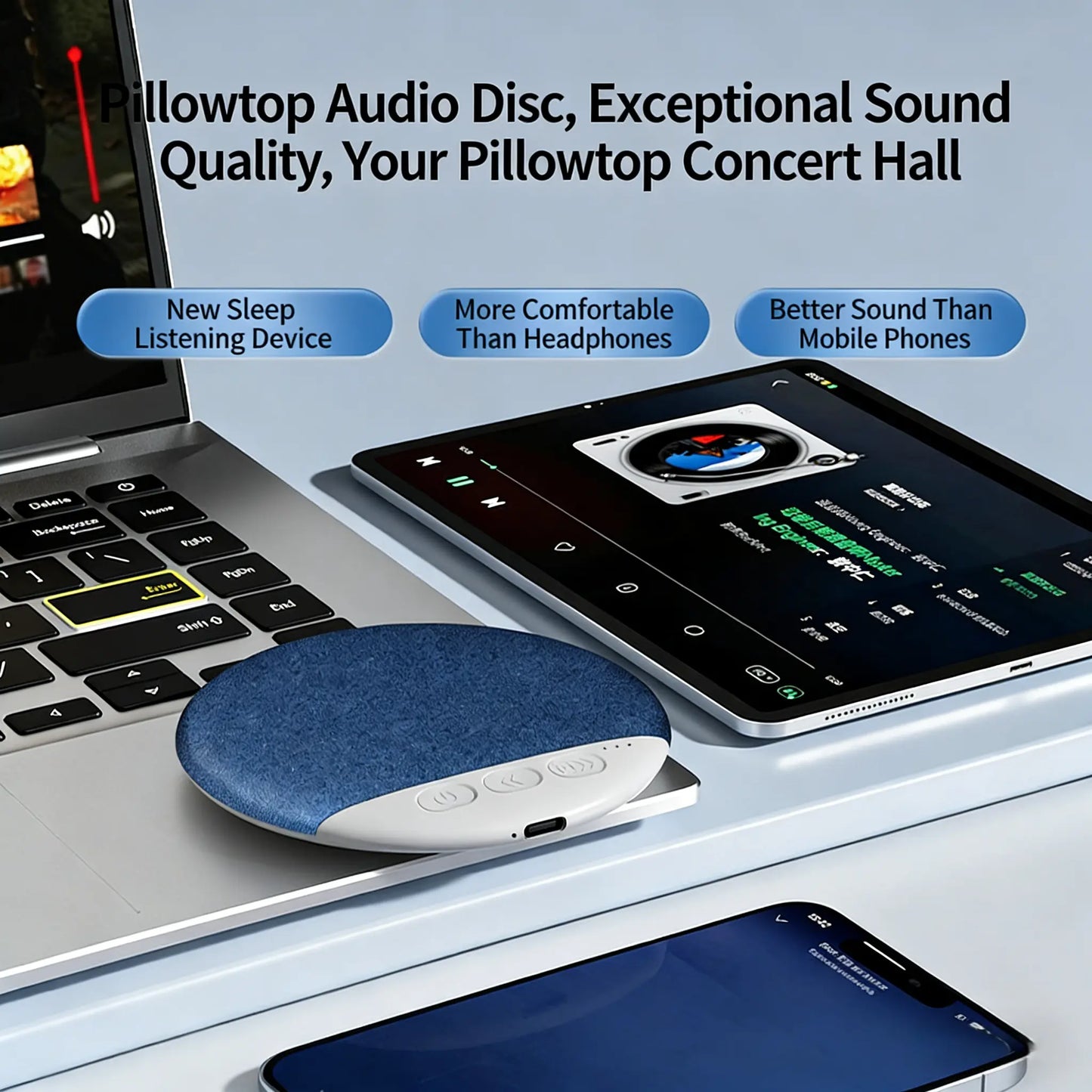 2026 Ultra-Slim Bluetooth Pillow Speaker - Bone Conduction Sound System, Silent Sleep Aid, Portable Rechargeable Music Player, Wireless Compatibility with Android/iOS - Ideal Gift for Valentine's Day, Back-to-School, Travel, and Mother's Day.