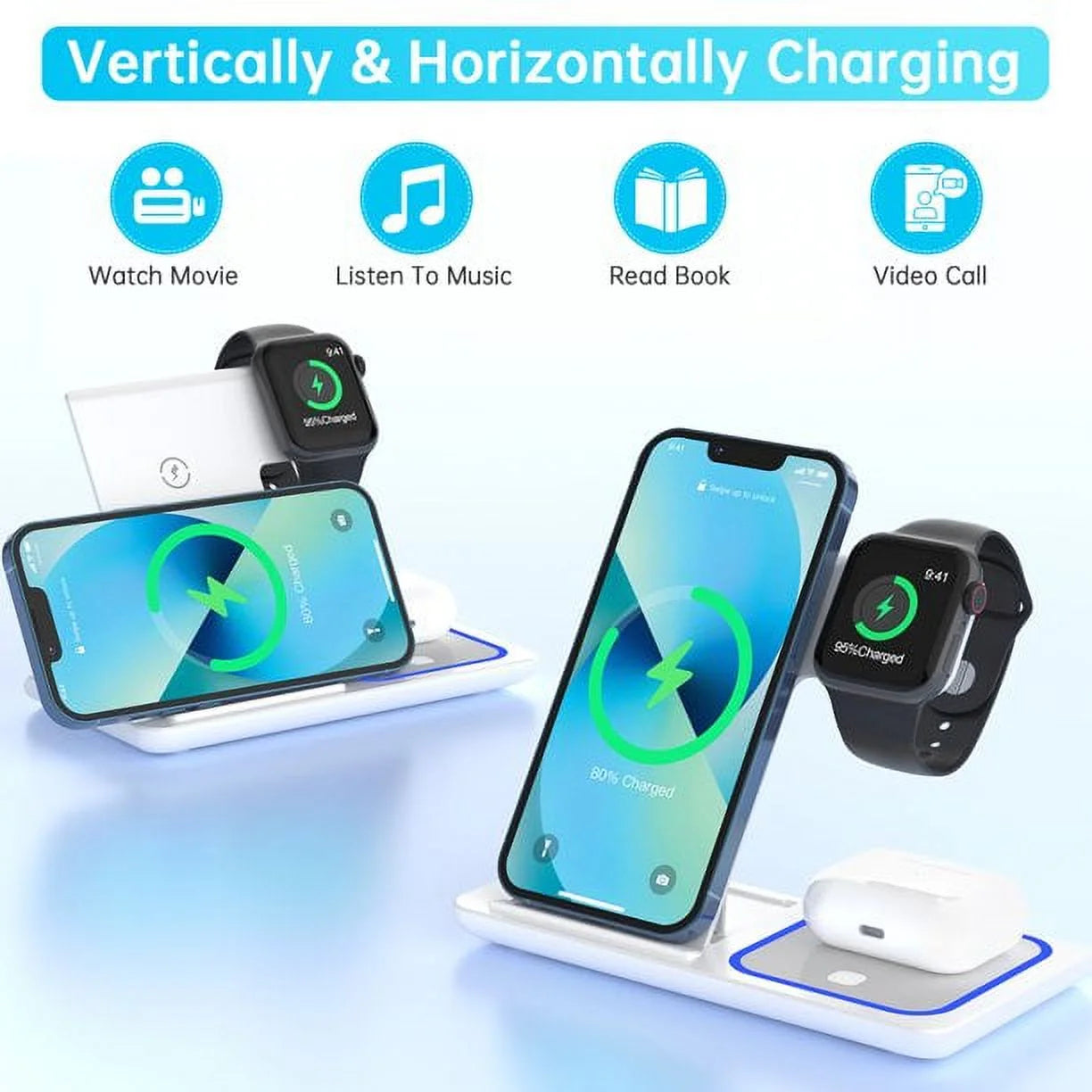 3-in-1 Wireless Charging Station Dock with Breathing Indicator, Fast Charging Stand for iPhone 17/16/15/14/13/12/11 Pro Max/Xs, Apple Watch Series 10/9/8/7/6/5/4, and AirPods 4/3/2/Pro