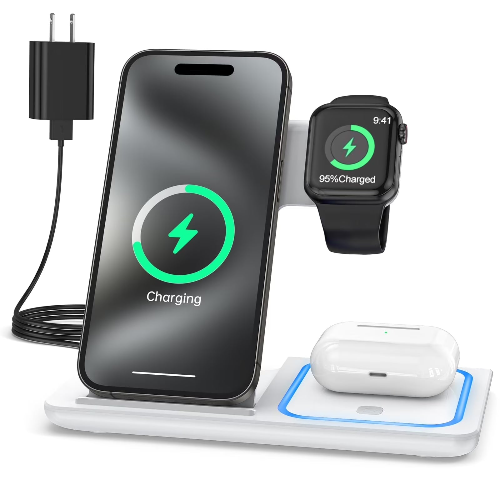 3-in-1 Wireless Charging Station Dock with Breathing Indicator, Fast Charging Stand for iPhone 17/16/15/14/13/12/11 Pro Max/Xs, Apple Watch Series 10/9/8/7/6/5/4, and AirPods 4/3/2/Pro