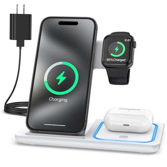 3-in-1 Wireless Charging Station Dock with Breathing Indicator, Fast Charging Stand for iPhone 17/16/15/14/13/12/11 Pro Max/Xs, Apple Watch Series 10/9/8/7/6/5/4, and AirPods 4/3/2/Pro