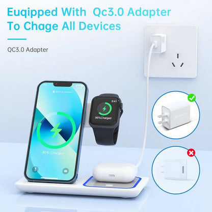 3-in-1 Wireless Charging Station Dock with Breathing Indicator, Fast Charging Stand for iPhone 17/16/15/14/13/12/11 Pro Max/Xs, Apple Watch Series 10/9/8/7/6/5/4, and AirPods 4/3/2/Pro